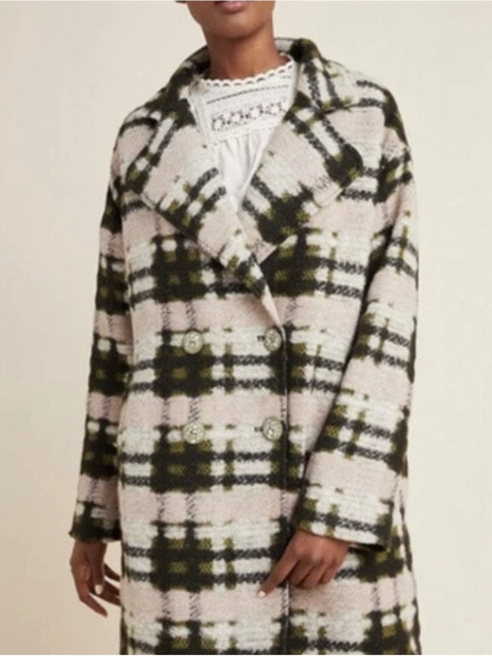 NWOT Anthropologie Plaid Double-Breasted Coat in Pink and Olive - Size Large